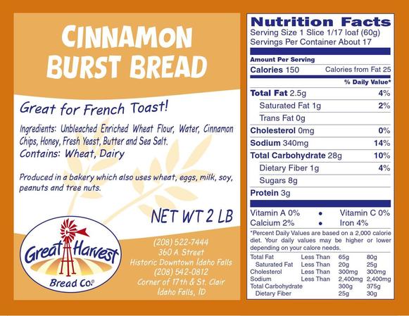 Cinnamon Burst Nutrition Label