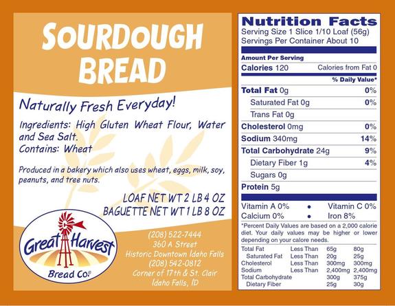 Classic Sourdough Loaf Nutrition Label